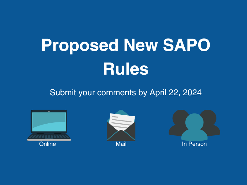 Blue box with a computer, letter and people icons, text reads: Proposed New SAPO
                                           