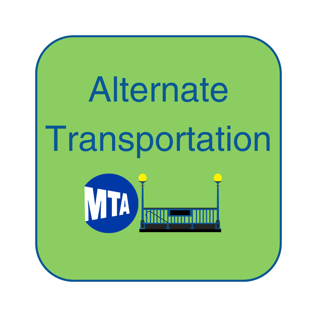 Icon of button with green background that says Alternate Transportation and the M T A logo and a subway gate