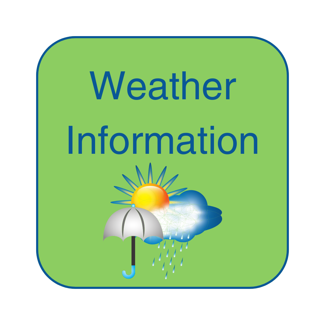 Icon of button with green background that says Weather Information and has graphics of a sun, clouds, and rain