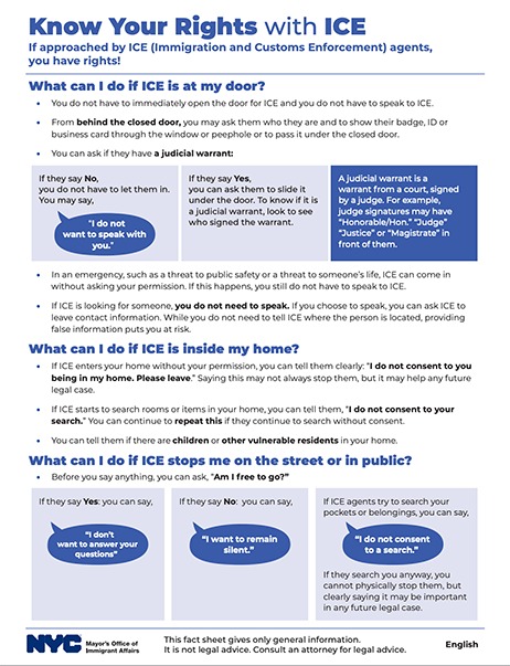 First page of the Know Your Rights with ICE Fact Sheets
