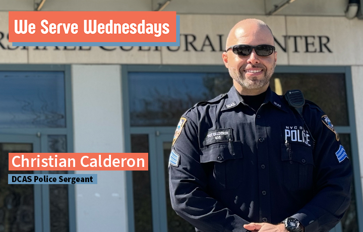 Christian Calderon in DCAS Police sergeant uniform, wearing sunglasses outside.
                                           