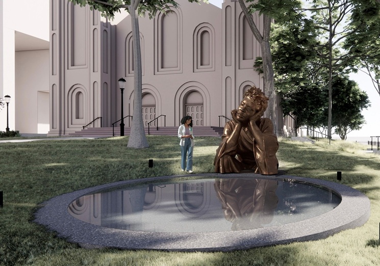 Artist rendering of a proposed monument to Billie Holiday featuring a large bronze sculptural portrait of the singer resting her head in her hands beside a circular reflecting pool. The monument is set on a grassy lawn with trees and a cathedral-like building in the background. A visitor is rendered standing beside the sculpture.