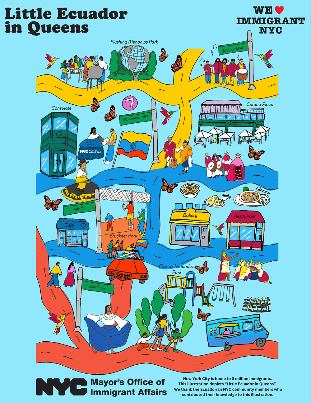 MOIA's Little Immigrant Enclave Illustration for Little Ecuador in Queens. The graphic depicts a vibrant illustration of Ecuadorian culture and community. It showcases cultural dances, celebrations, and people in traditional Ecuadorian attire and accessories. The scene is bustling with activity, featuring shops, markets selling traditional Ecuadorian foods, restaurants, stores, and parks. One park includes a public sculpture, while people are also shown engaging in sports, playing traditional music, and performing a traditional dance.