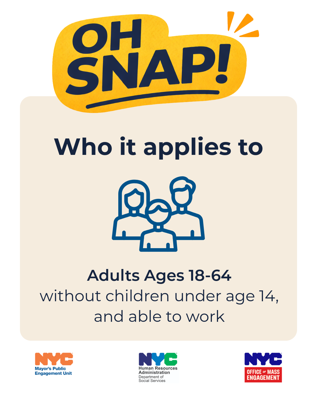 Graphic showing yellow 'oh snap!' text bubble and an icon of three people in a group explaining eligibility for adults aged 18-64 without children under 14 and able to work, with N Y C government logos.