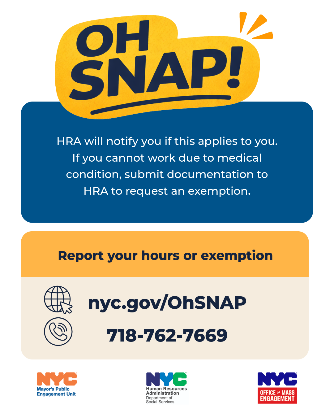 Graphic showing yellow 'oh snap!' text bubble about H R A notifying if medical exemption applies, directing to nyc.gov/ohsnap for more information.
