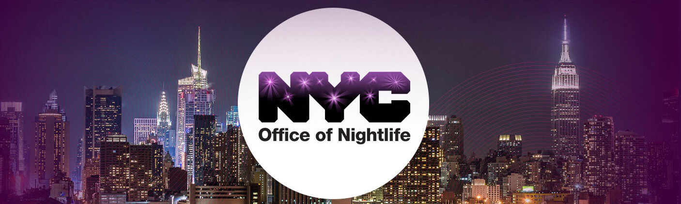 NYC Office of Nightlife logo in a white circle in the middle of the NYC skyline at night