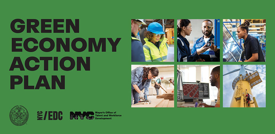 Photos of people working in green jobs with text: Green Action Economy Plan
                                           