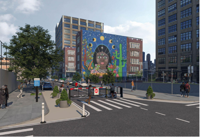 an illustration of a street with gate on the road, and a side walk with people 