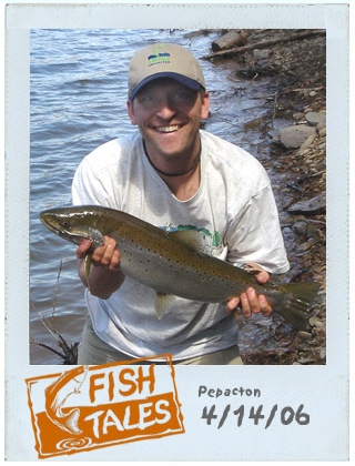 Chris Olney, of Highmount, with a 21" brown trout caught in the eastern half of the Pepacton reservoir, while spin-fishing from shore with a lure on April 14th, 2006. The fish was released. The photo was taken by Chris's brother-in-law Matt Jaworski, who was visiting from Cass City, Michigan.