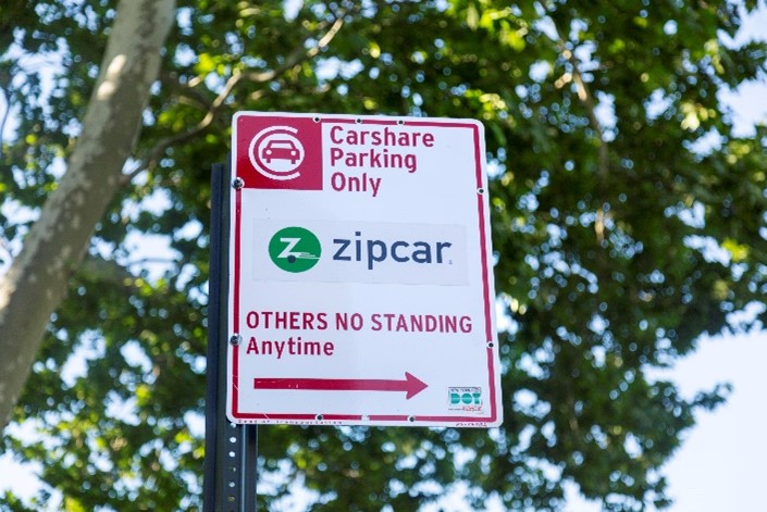 A Carshare Parking Only sign showing that a curbside parking spot is reserved for a Zipcar.