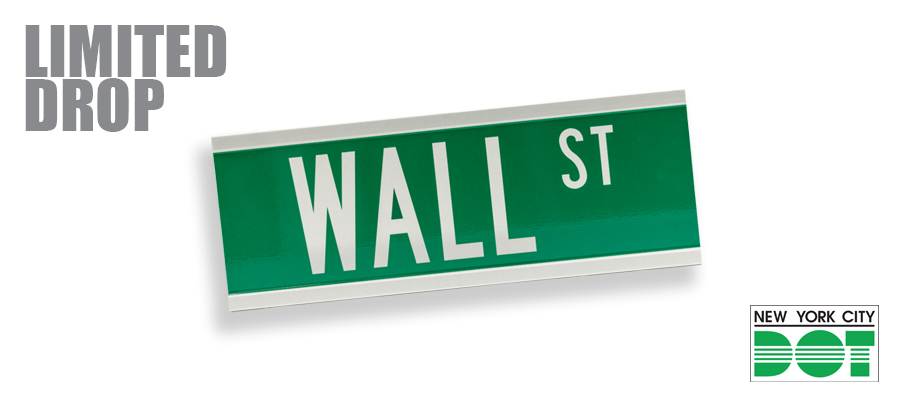 Green and white sign of Wall Street. Text above the sign reads Limited Drop and under the sign is the N Y C D O T logo.