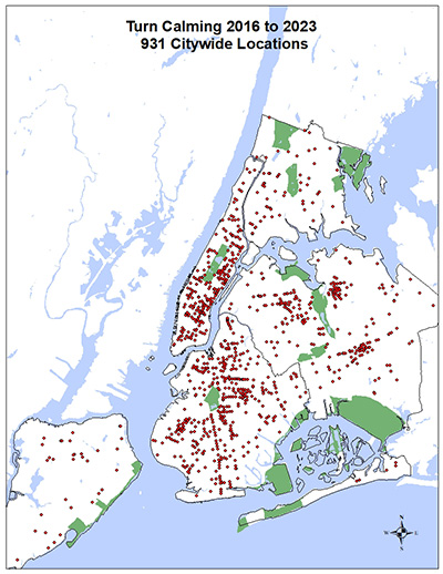 Map showing locations of Turn Calming treatments in NYC between 2016 and 2023. 931 Locations Citywide.