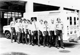 EMTs and Paramedics assigned to the Jacobi Hospital station, with one of their rigs, circa 1980.