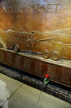 The Sept. 11 memorial wall outside the quarters of Engine 10/Ladder 10 in Manhattan. 