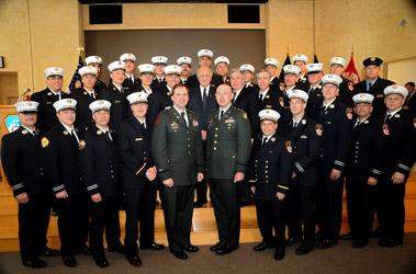 Students from the fifth West Point Counterterrorism Leadership Program gather with Fire Commissioner Nicholas Scoppetta, Chief of Department Salvatore Cassano, Retired General John Abizaid, Lt. Colonel Reid Sawyer and Major Scott Taylor.