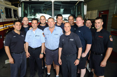 The members of Engine 246 and Ladder 169 (L to R) FF Robert Gnerre, FF James Egan, Lt. Richard Eggstein, FF Matt King, Capt. Bill Gallagher, FF Joe Roggenkamp, FF Thomas Curty, FF Gabe Buoninconti, FF Jeremy Hanophy, FF Mike Milazzo (assigned to Engine 245) and FF Dan Saalfrank.