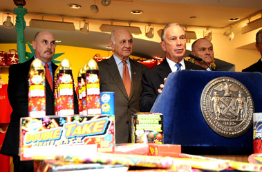 Mayor Michael Bloomberg describes the dangers of illegal fireworks. (L to R) Chief Fire Marshal Robert Byrnes, Fire Commissioner Nicholas Scoppetta, Mayor Bloomberg and Police Commissioner Ray Kelly.