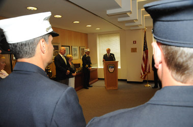 Fire Commissioner Nicholas Scoppetta graciously thanks donors for their contributions in honor of Firefighter Thomas Brick.