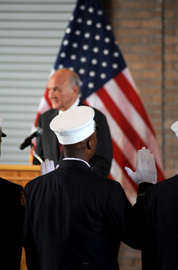 Ten members are sworn in as captains by Fire Commissioner Nicholas Scoppetta. Fifteen members also were elevated to the rank of lieutenant.