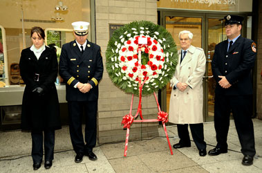 Friends and family of those lost attended the wreath laying ceremony marking the 43rd anniversary of the 23rd Street fire. (L to R) Christine Priore, daughter of Lt. Joseph Priore of Engine 18; Deputy Assistant Chief John Sudnik, retired FF Manny Fernandez, who operated as the chauffeur for Engine 18 at the 23rd Street fire; and Firefighter Brian Finley, grandson of Lt. John J. Finley of Ladder 7.