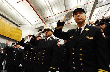 The promoted members, including (from R to L) Assistant Chief Joseph W. Pfeifer; Deputy Chiefs Michael Ajello, Kevin F. Woods and Stephen A. Raynis; and Lieutenants Richard Verbouwens, Stephen W. King and Joseph E. Schiavone. 