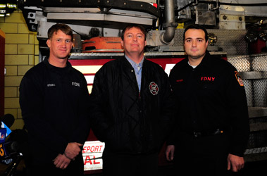 (L to R) Firefighter Rob Mitchell, Capt. Dennis Murphy and Firefighter John Fischer from Ladder 105. The team helped rescue two from an apartment fire in Brooklyn.