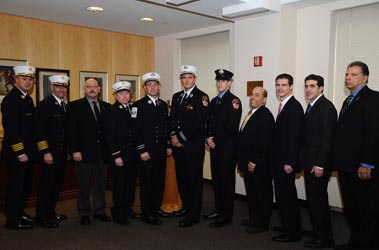 Four FDNY Firefighters receive NYS Honorary Fire Chiefs Association Scholarships. (L to R) Chief of Operations Robert Sweeney, Chief of Department Salvatore Cassano, NYSHFCA President Michael Hill, Battalion Chief Peter Gannon, Captain Sean Michael, Captain Matthew Nelson, Firefighter Daniel L. Golden, Honorary Fire Chief Mark Scharfman, Chairman of the NYSHFCA scholarship program David Gold, NYSHFCA Director Eli Sitt and NYSHFCA Director Mario Santiago.