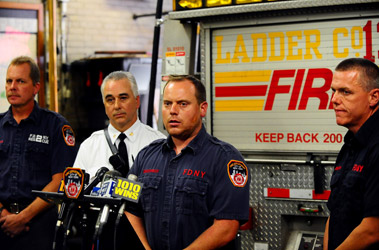 FF Richard Myers of Rescue 2, Deputy Chief Robert Strong of Division 11, FF Peter Demontreux of Ladder 132 and FF Charles Dodenhoff of Rescue 2.