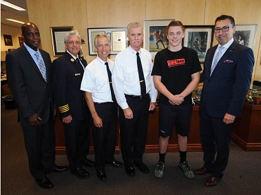 (L to R) First Deputy Commissioner Robert Turner, Chief of Operations James Esposito, Chief of Terrorism & Emergency Preparedness Joseph Pfeifer, Chief of Department Edward Kilduff, Jacob Knight, Fire Commissioner Daniel Nigro.