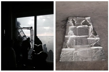 (left) Firefighters after cutting the window on the 68th floor of 1 World Trade Center. (right) One of the pieces of glass cut to remove the victims