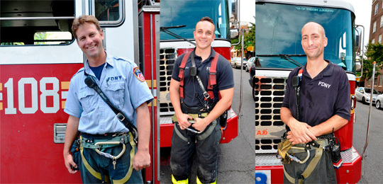 (from left to right) Captain Daniel Keane of Division 11 and working at Ladder Company 108, Firefighter Joseph Andreas and Firefighter Matthew Regis, both of Ladder Company 108 in Brooklyn.