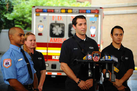 FDNY members involved in the delivery addressed the press. (left to right) EMS Lieutenant Rezaur Rahman and Paramedic Amanda Henry from Station 7, and EMTs Matthew Herzog and Christopher Maldonado from Station 8.