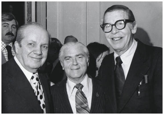 Joey Adams, Mayor Abraham D. Beame, Milton Berle (April 1975)