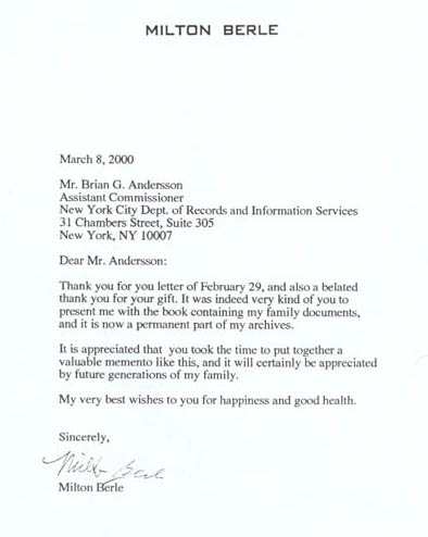 Letter from Milton Berle to DORIS Commissioner Andersson