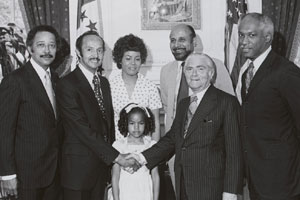 David Dinkins, Heyward Davenport with wife and daugther, Percy Sutton, Mayor Abraham Beame, Deputy Mayor Paul Gibson.