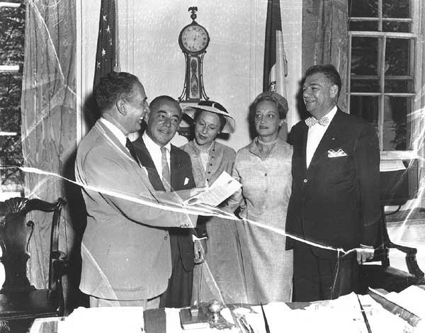 Mayor Impellitteri with Richard Rodgers, Rodgers' wife Dorothy, Oscar Hammerstein's wife Dorothy, and Oscar Hammerstein.