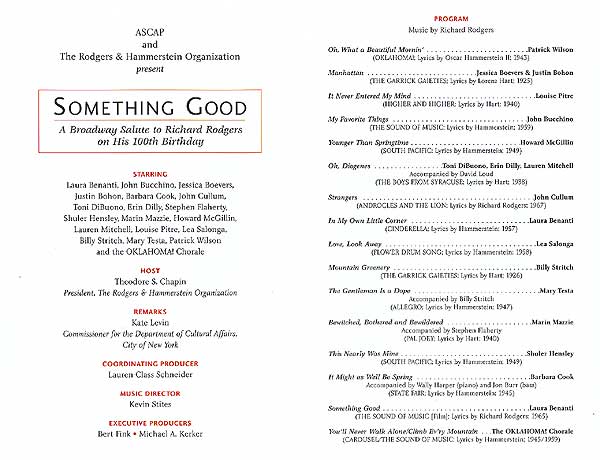 Inside: Cover: American Society of Composers, Authors and Publishers honors Richard Rodgers with "Something Good - A Saluate to Richard Rodgers on His !00th Birthday" presented by the ASCAP and The Rodgers & Hammerstein Organization.
