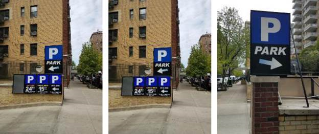 Photo of displaying three accessory signs advertising parking.