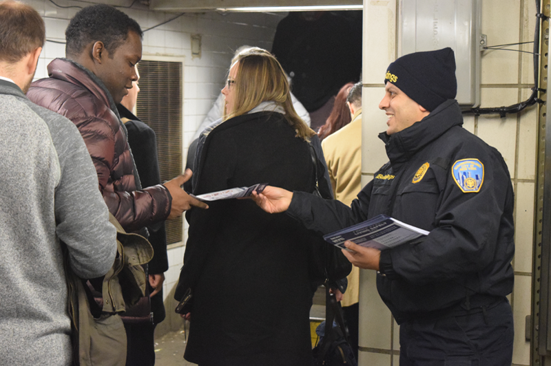 Photos of DOB and FDNY handing out flyers in Flushing-Main Street Station, Queens, and Grand Street Station, Manhattan. All photos courtesy of DOB.