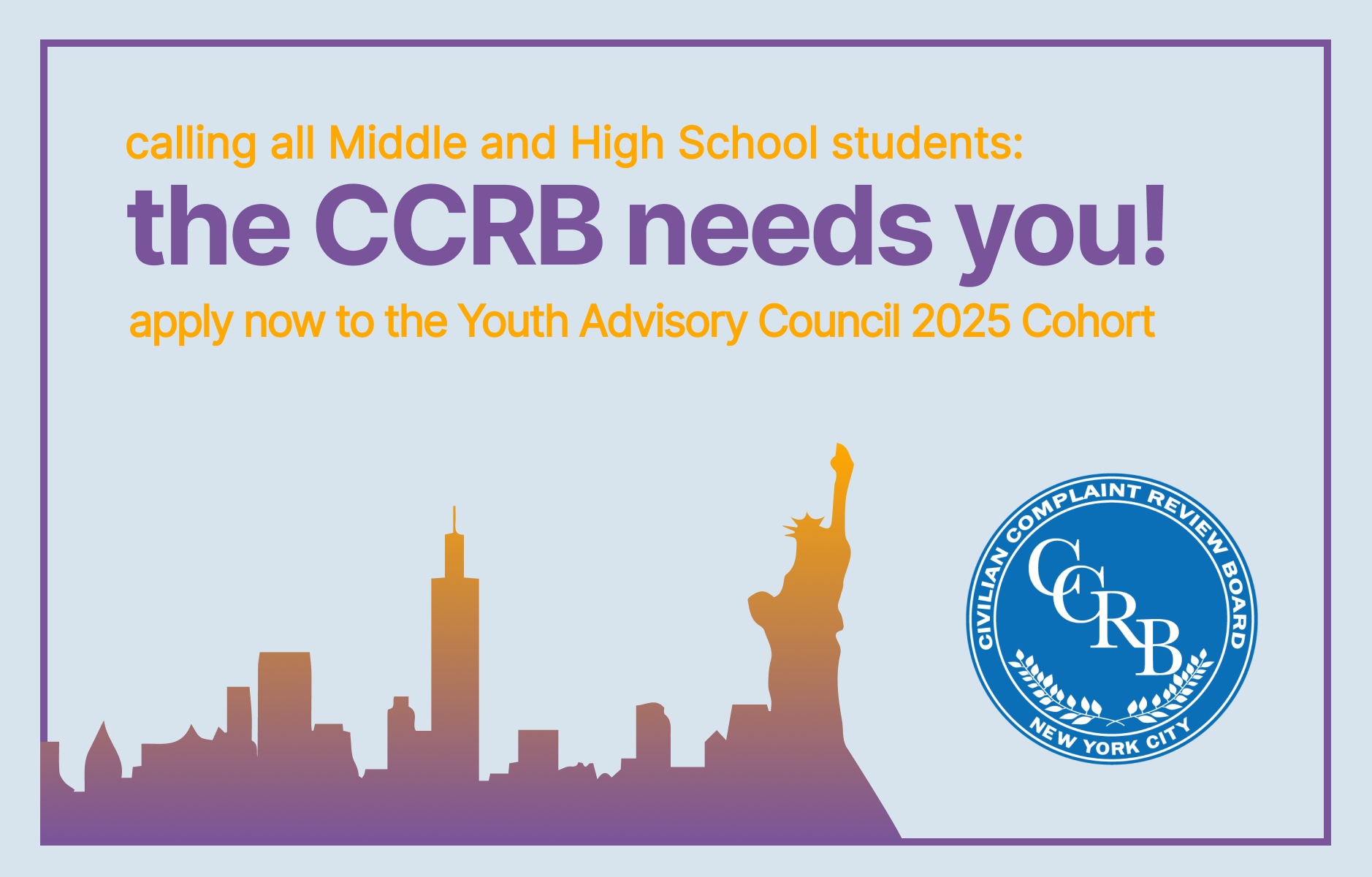 The applications for the 2025 Cohort of the CCRB YAC are now live. 
                                           