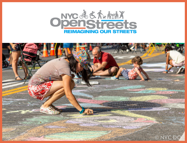 People drawing on roadway with chalk, D O T Open Street logo.
                                           