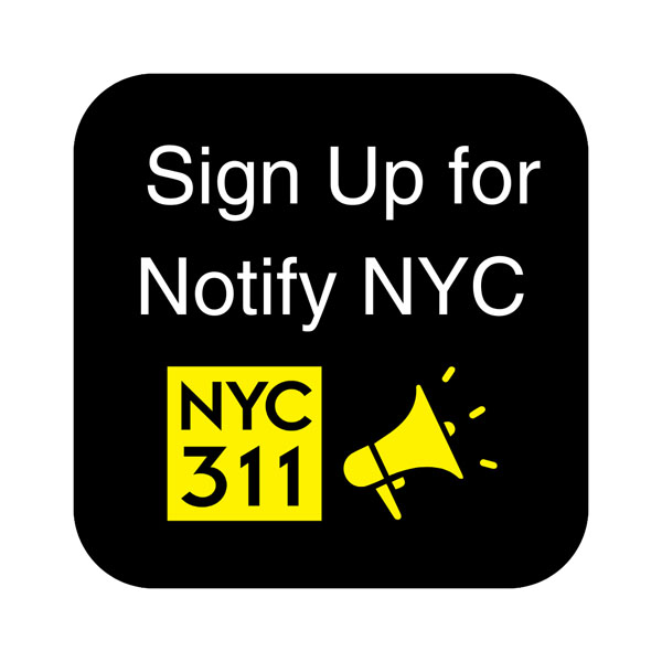 Black button with Sign up for Notify N Y C and the 3 1 1 logo and a megaphone