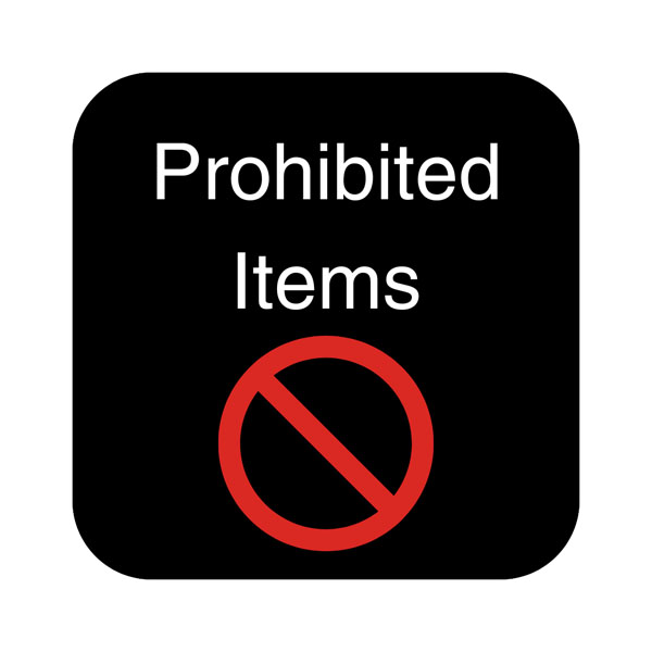 Black button with Prohibited Items text and a no sign