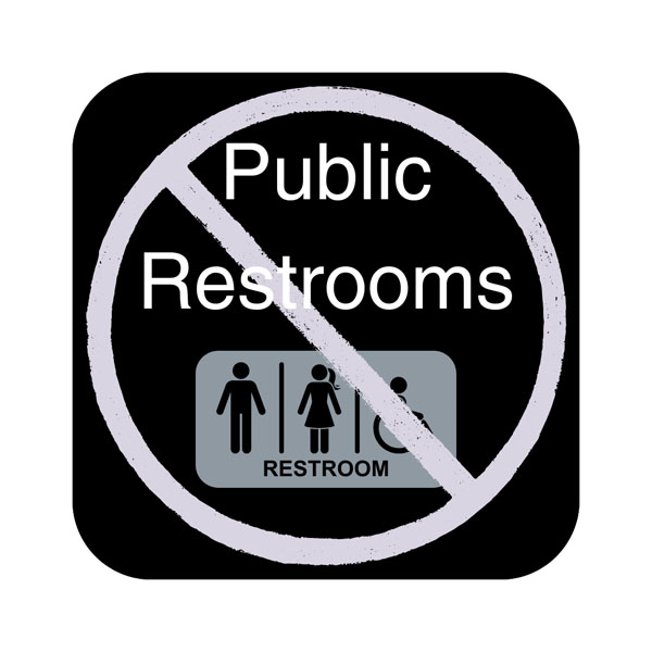 Black button with Public Restrooms text and a no restrooms symbol