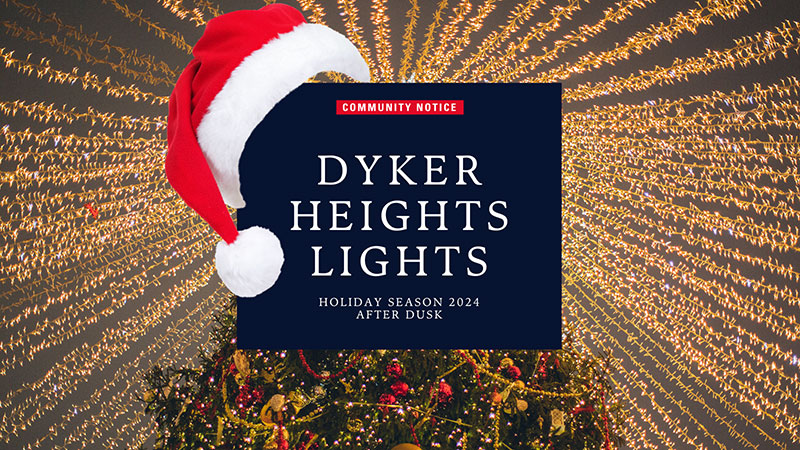 image of lights and a Christmas tree and a Santa hat. Text says Dyker Heights Lights Community Notice