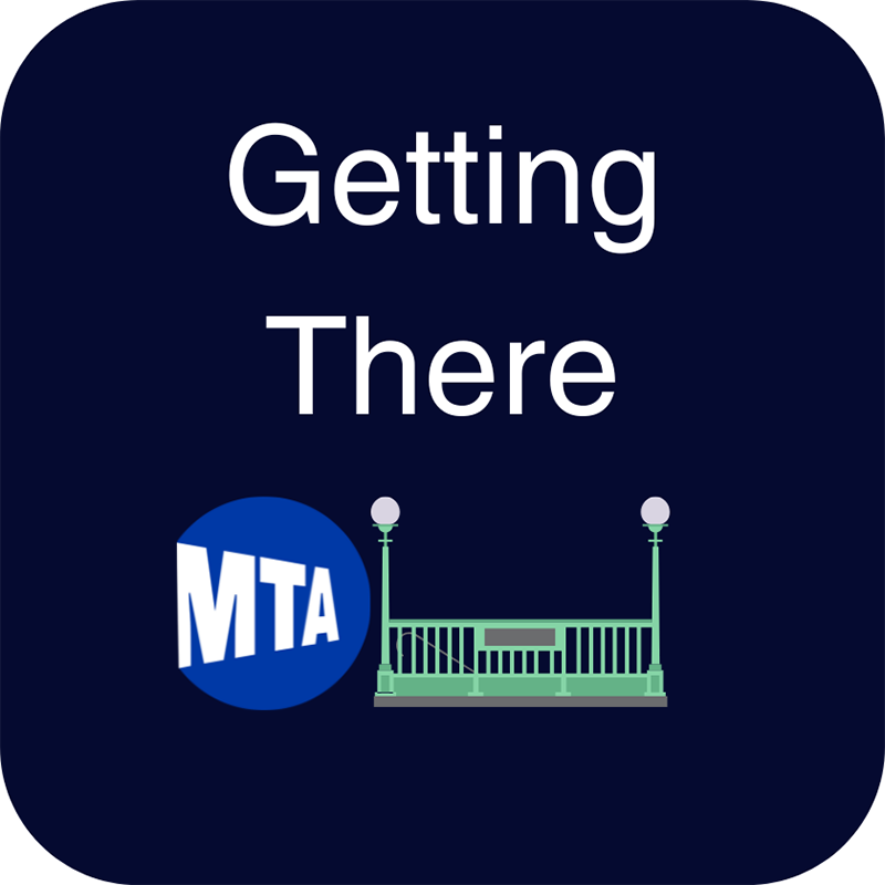 image of button with dark blue background that says getting there and the M T A logo and a subway gate