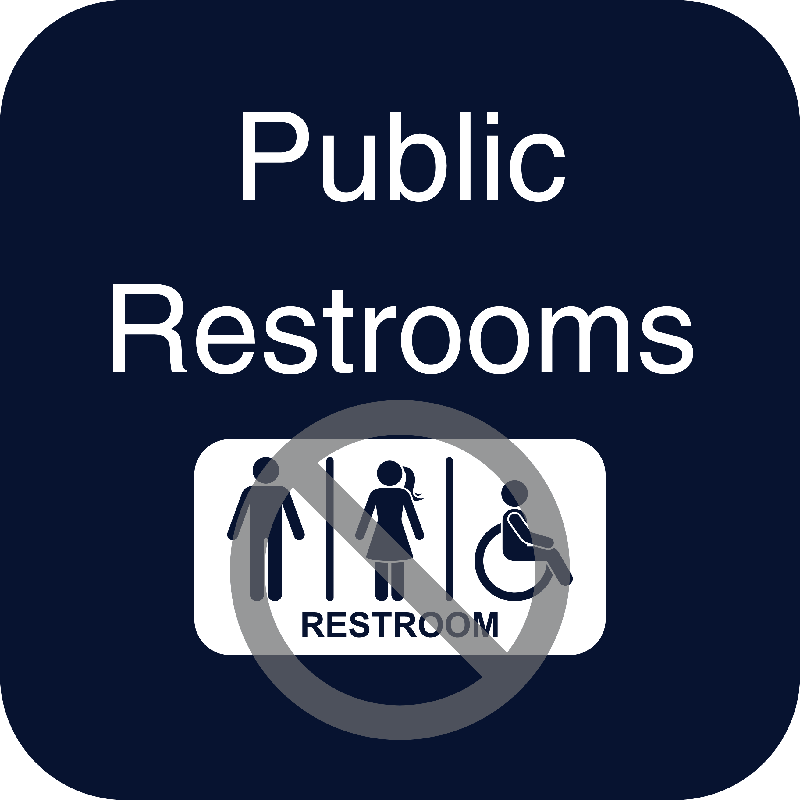 image of button with a dark blue background that says Public Restrooms and an image of the restrooms symbol crossed out