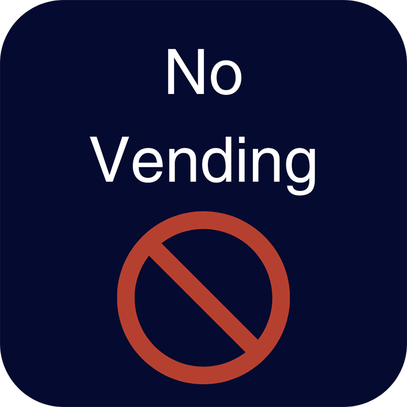 image of a button with dark blue background that says No Vending and a prohibited sign