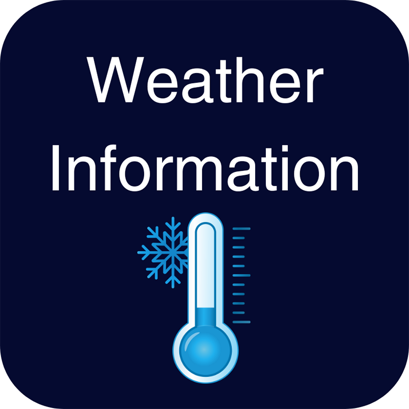 image of button with dark blue background that says Weather Information and has graphics of a thermometer and snowflake