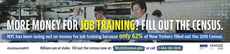 Photo of works in a kitchen with text More Money for Job Training? Fill Out The Census